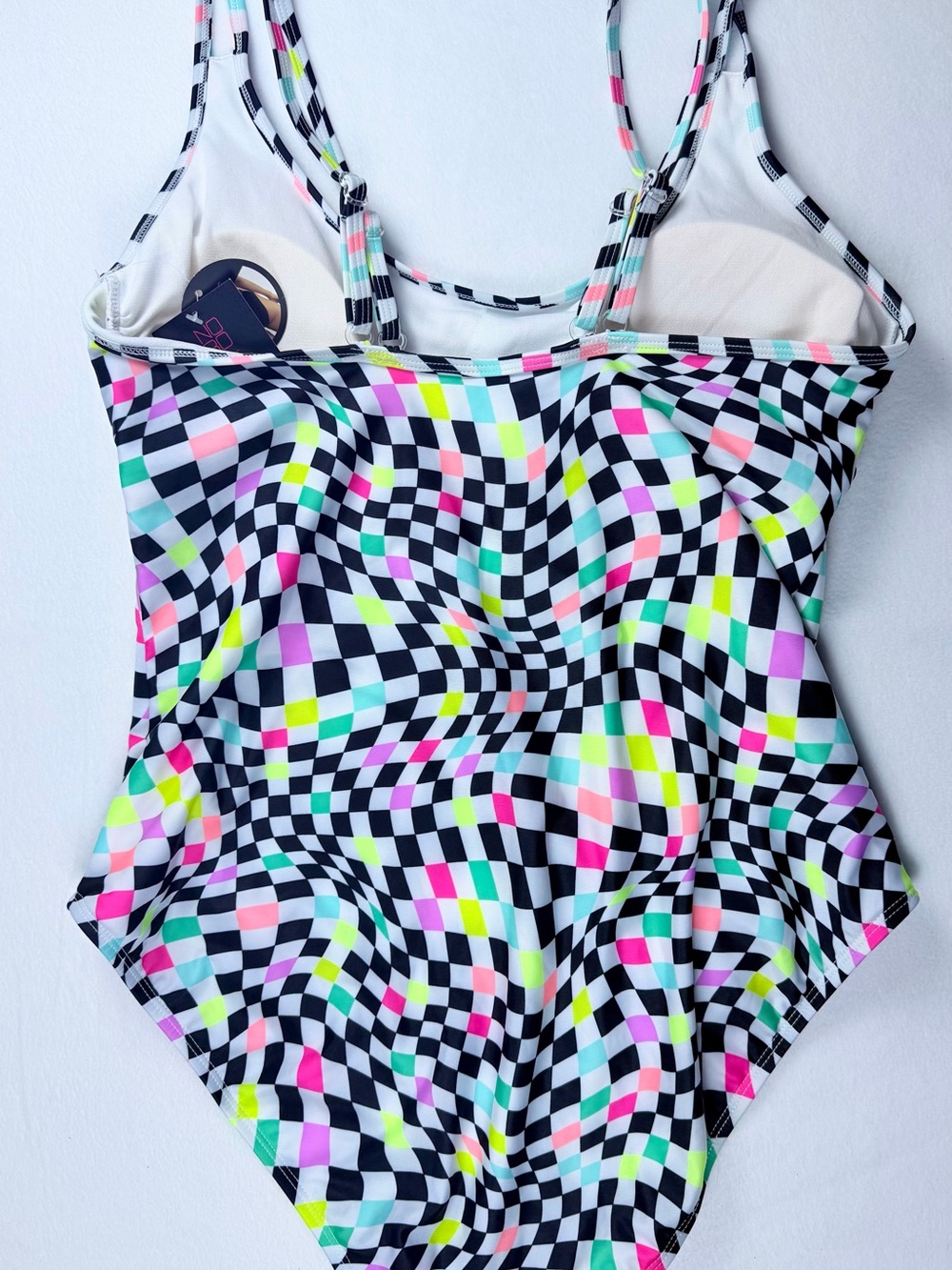 No Boundaries Junior’s XL (15-17) Black Multi Neon Checkerboard One Piece Swim - Picture 5 of 7
